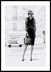 Illustrated woman in black dress in urban environment, black and white-0