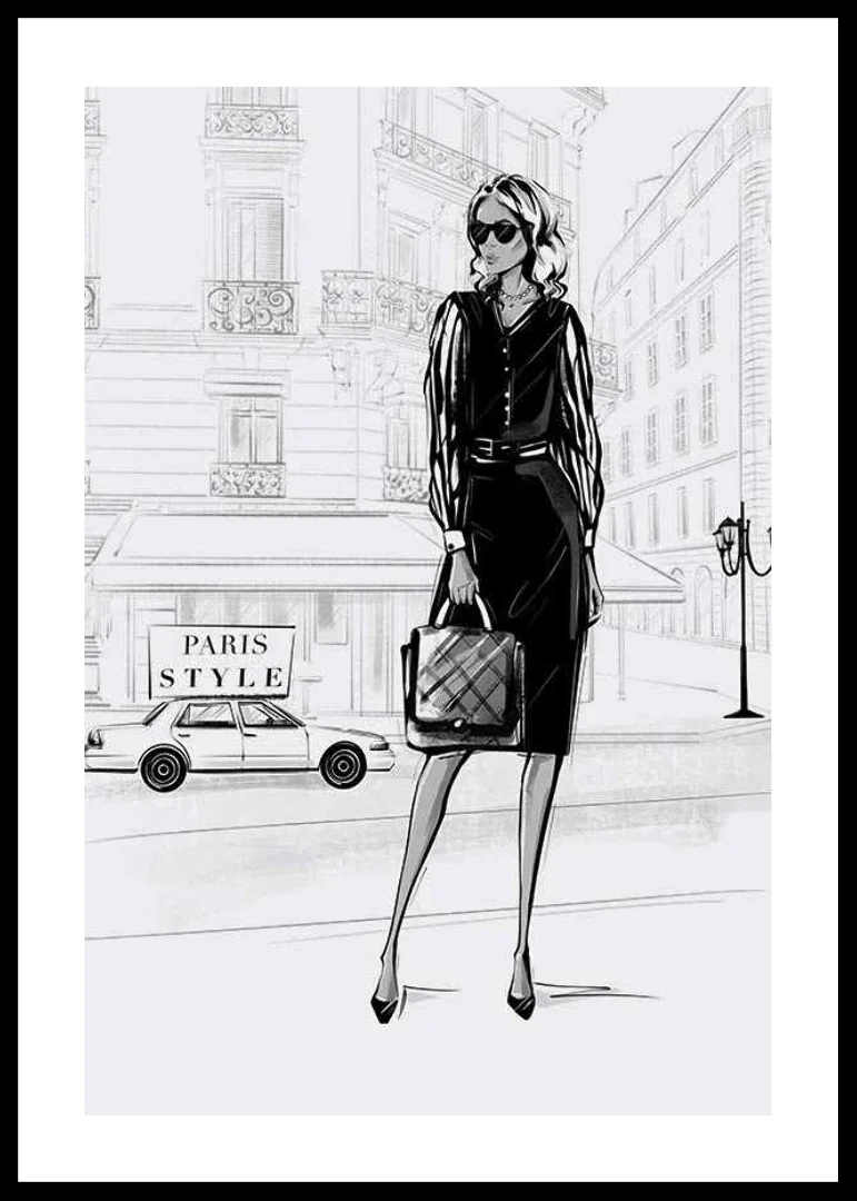 Illustrated woman in black dress in urban environment, black and white-12