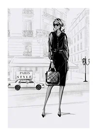 Illustrated woman in black dress in urban environment, black and white-1