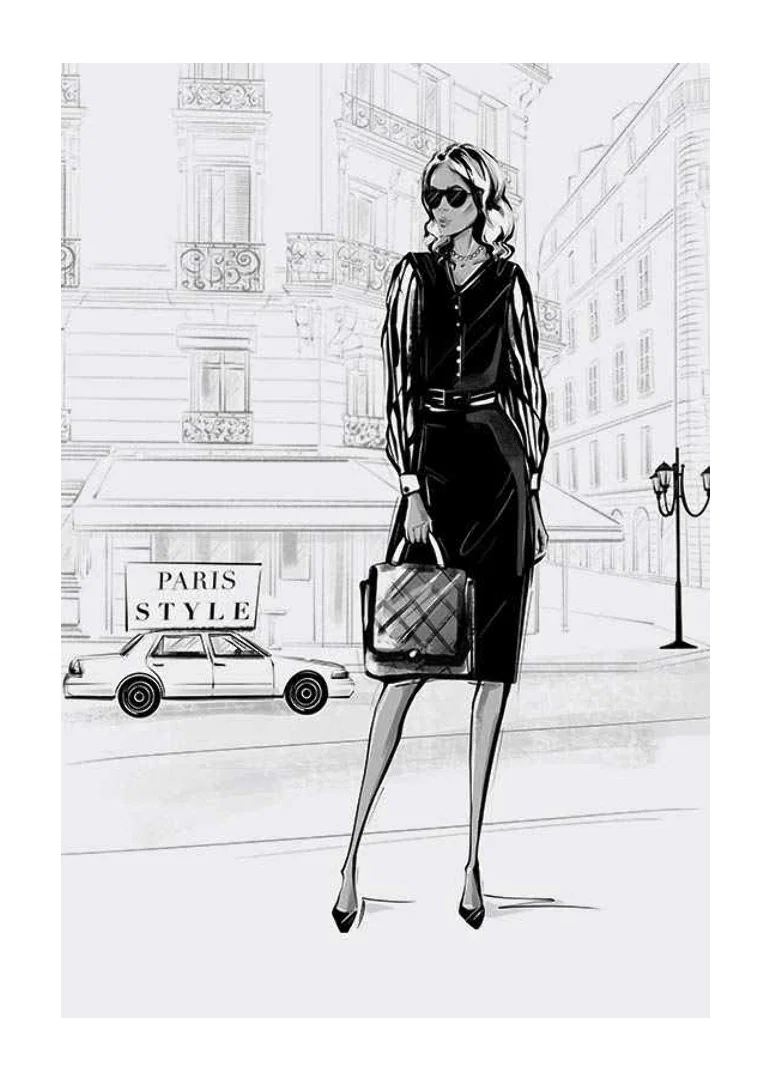 Illustrated woman in black dress in urban environment, black and white-12