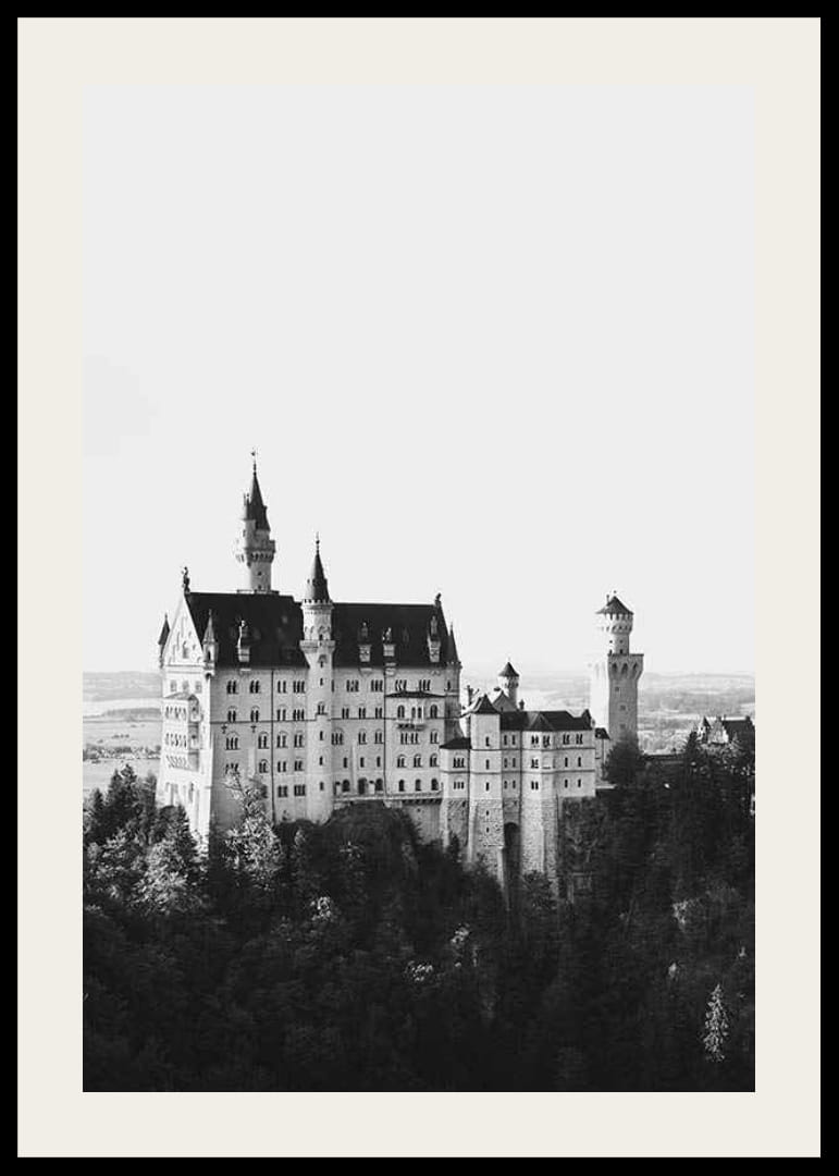 Zwart-witfoto van kasteel Neuschwanstein tussen de bomen-12