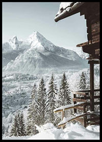 Snowy mountain cabin and alpine village with tall fir trees and mountains-6