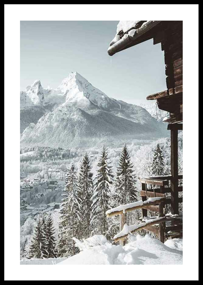 Snowy mountain cabin and alpine village with tall fir trees and mountains-12
