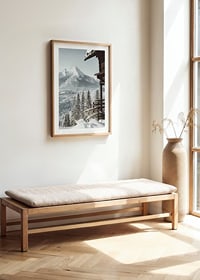Snowy mountain cabin and alpine village with tall fir trees and mountains-8