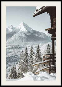 Snowy mountain cabin and alpine village with tall fir trees and mountains-2
