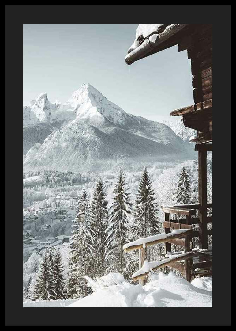 Snowy mountain cabin and alpine village with tall fir trees and mountains-12