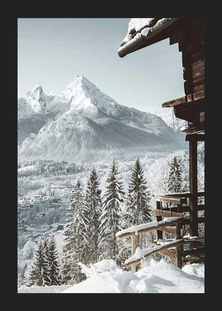 Snowy mountain cabin and alpine village with tall fir trees and mountains-12