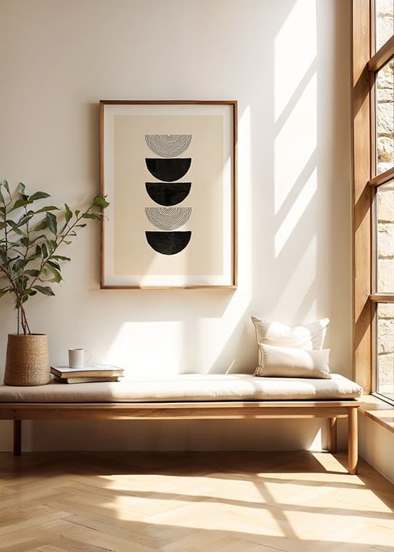 Abstract black half shapes and line pattern on beige-12