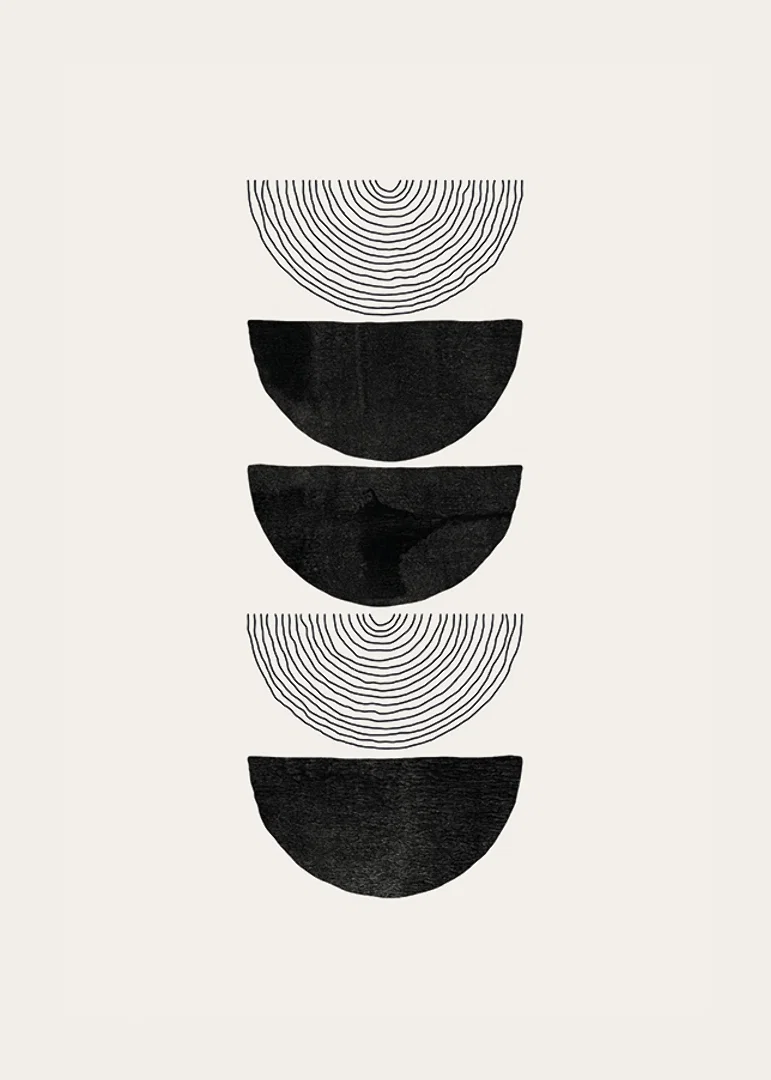 Abstract black half shapes and line pattern on beige-12