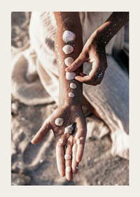 Fotografi av arm med vita snäckor på solig strand-3