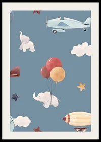 Illustrated elephants, airplanes and hot air balloons against a blue background-2