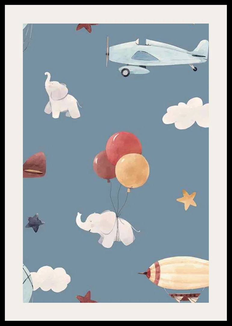 Illustrated elephants, airplanes and hot air balloons against a blue background-12