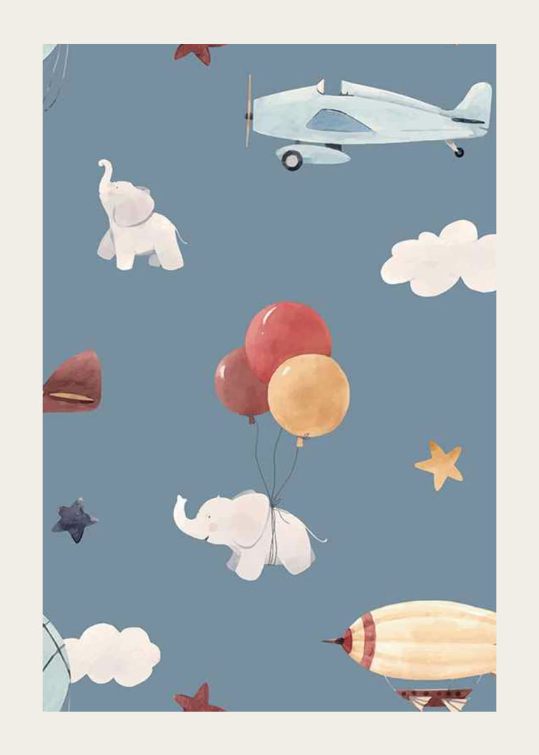 Elefantes, aviones y globos aerostáticos ilustrados sobre un fondo azul.-12