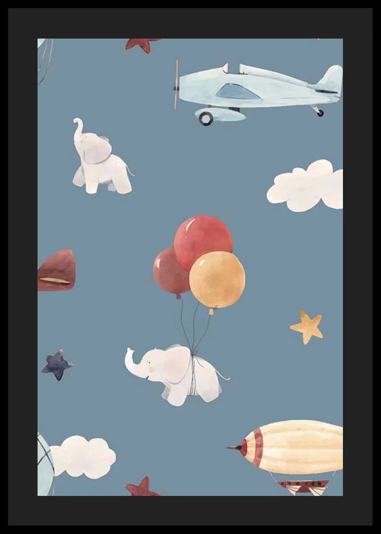 Illustrated elephants, airplanes and hot air balloons against a blue background-12