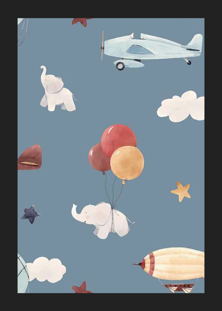 Elefantes, aviones y globos aerostáticos ilustrados sobre un fondo azul.-12