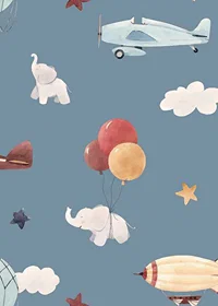 Illustrated elephants, airplanes and hot air balloons against a blue background-7