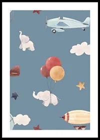 Illustrated elephants, airplanes and hot air balloons against a blue background-0