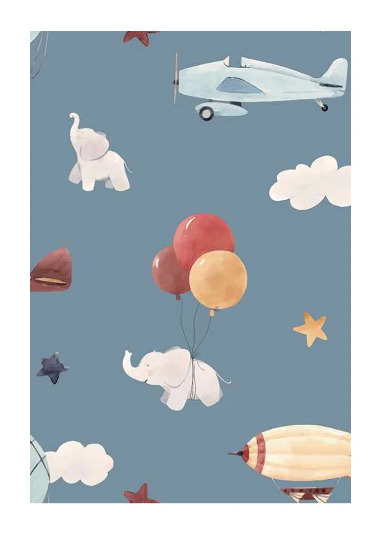 Illustrated elephants, airplanes and hot air balloons against a blue background-12