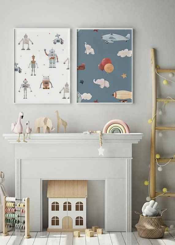 Illustrated elephants, airplanes and hot air balloons against a blue background-12