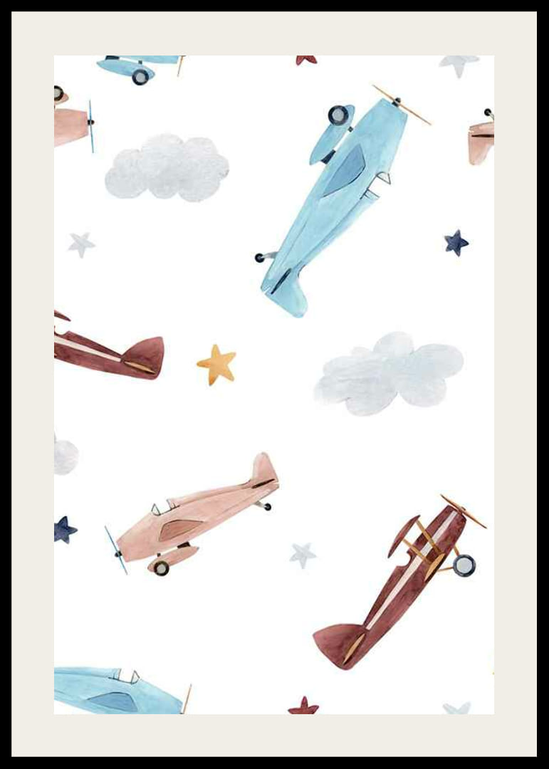 Ilustrație în acuarelă a unui avion, nori și stele în culori pastelate-12