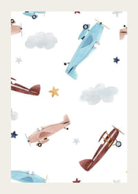 Ilustrație în acuarelă a unui avion, nori și stele în culori pastelate-3