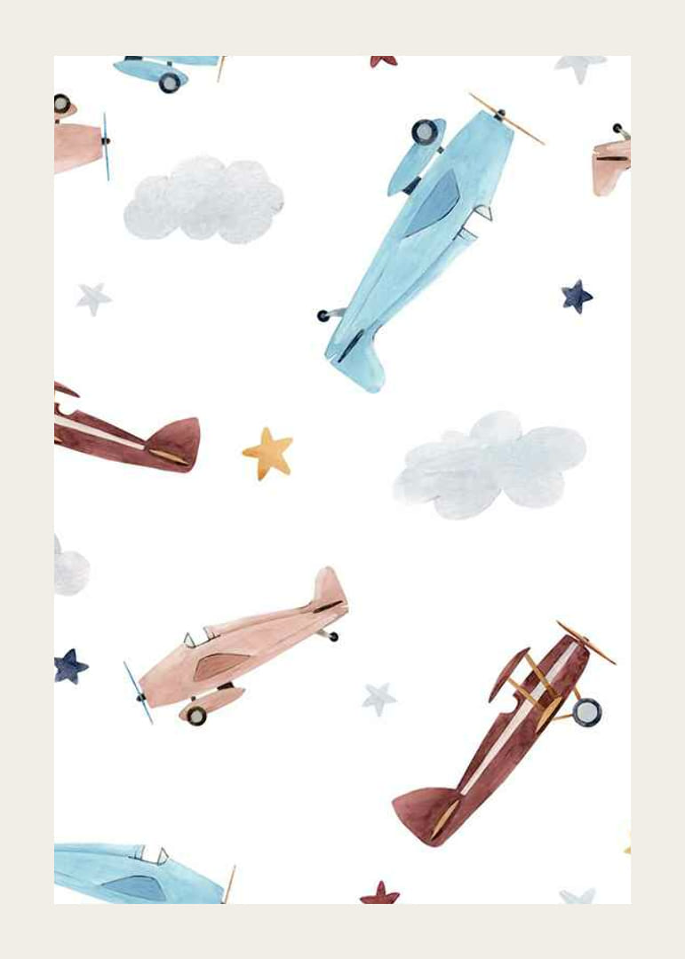 Ilustrație în acuarelă a unui avion, nori și stele în culori pastelate-12