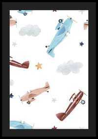 Ilustrație în acuarelă a unui avion, nori și stele în culori pastelate-4