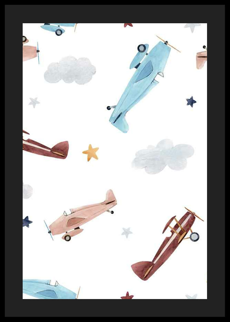 Ilustrație în acuarelă a unui avion, nori și stele în culori pastelate-12