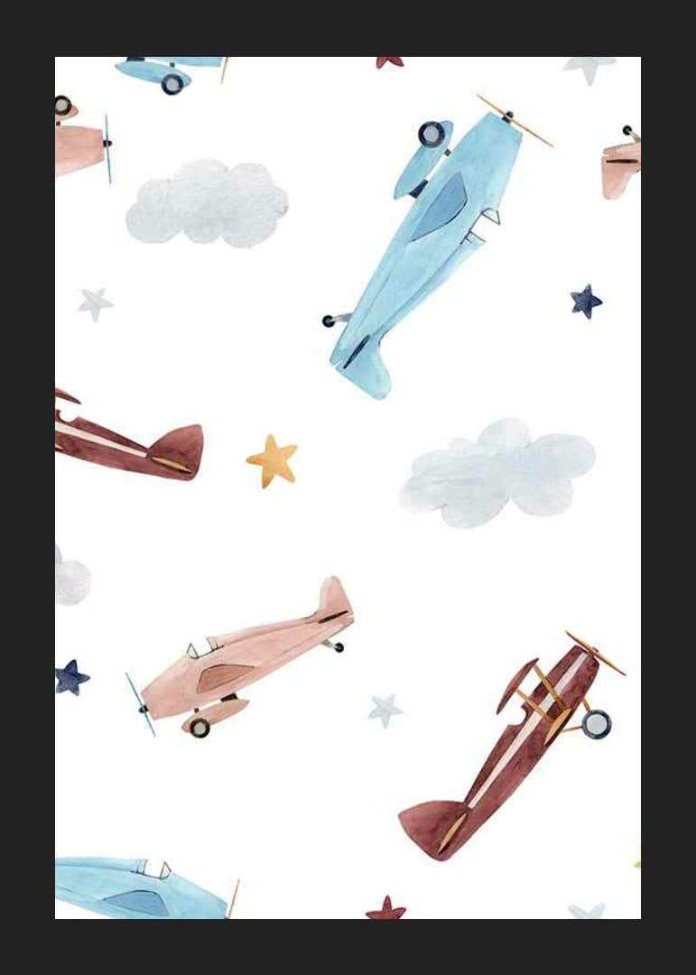 Ilustrație în acuarelă a unui avion, nori și stele în culori pastelate-12