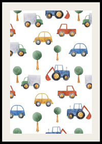 Watercolor illustration of cars, trucks and excavators in colorful tones-2