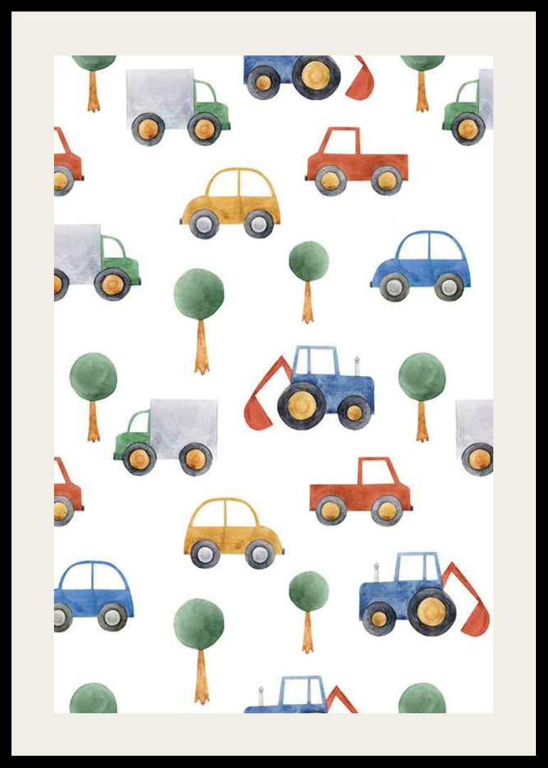 Watercolor illustration of cars, trucks and excavators in colorful tones-12