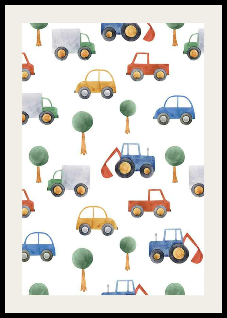 Ilustração em aquarela de carros, caminhões e escavadeiras em tons coloridos-12