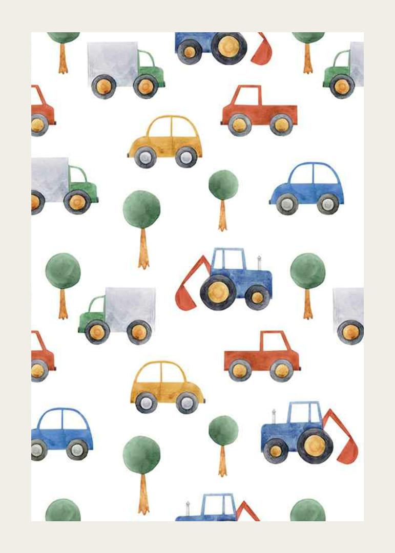 Ilustração em aquarela de carros, caminhões e escavadeiras em tons coloridos-12