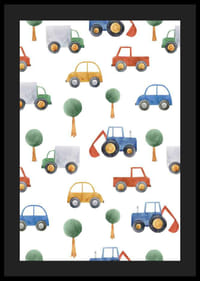 Ilustração em aquarela de carros, caminhões e escavadeiras em tons coloridos-4