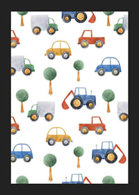 Watercolor illustration of cars, trucks and excavators in colorful tones-5