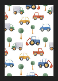 Ilustração em aquarela de carros, caminhões e escavadeiras em tons coloridos-5