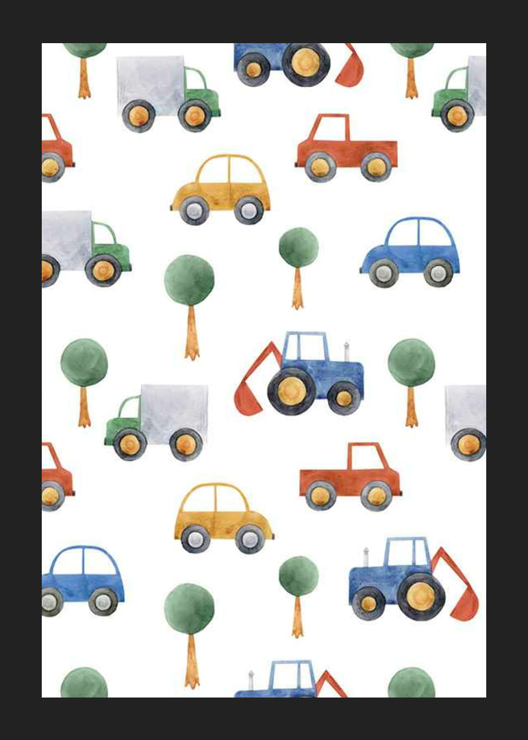 Ilustração em aquarela de carros, caminhões e escavadeiras em tons coloridos-12