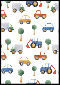 Watercolor illustration of cars, trucks and excavators in colorful tones-6