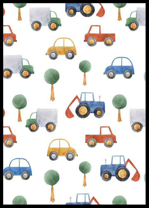 Watercolor illustration of cars, trucks and excavators in colorful tones-12