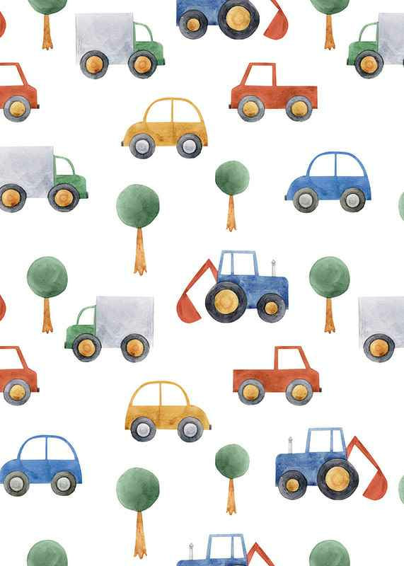 Watercolor illustration of cars, trucks and excavators in colorful tones-12