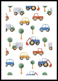 Watercolor illustration of cars, trucks and excavators in colorful tones-0