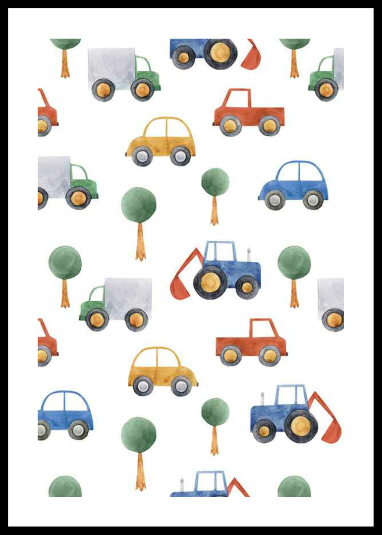 Watercolor illustration of cars, trucks and excavators in colorful tones-12