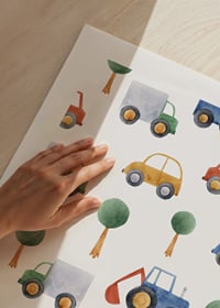 Watercolor illustration of cars, trucks and excavators in colorful tones-9