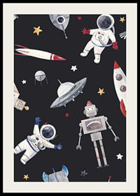 Playful astronauts, robots and space rockets against a dark background-2