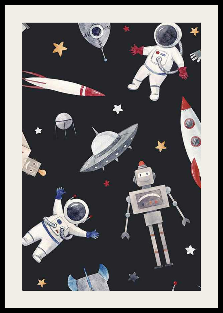 Playful astronauts, robots and space rockets against a dark background-12
