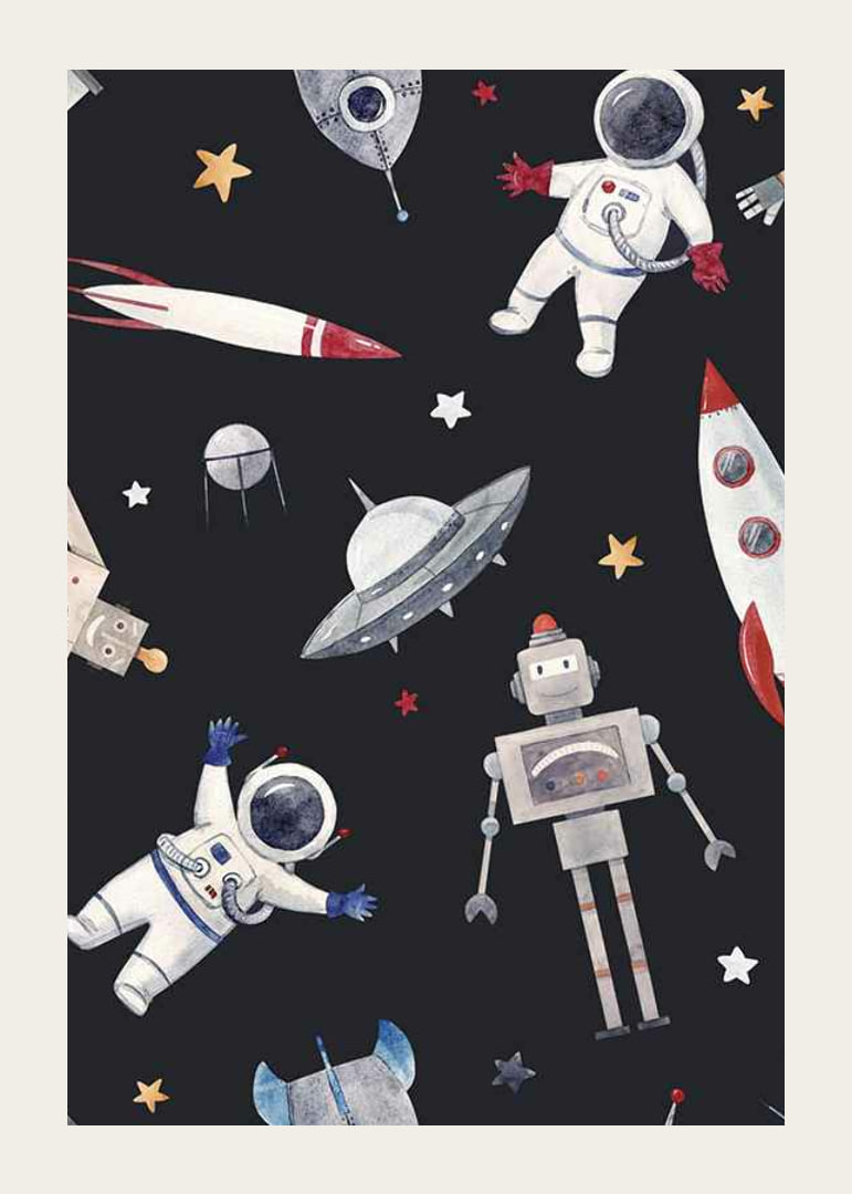 Playful astronauts, robots and space rockets against a dark background-12
