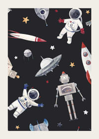 Astronautas brincalhões, robôs e foguetes espaciais contra um fundo escuro-3