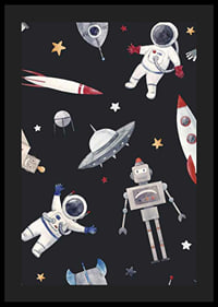 Playful astronauts, robots and space rockets against a dark background-4