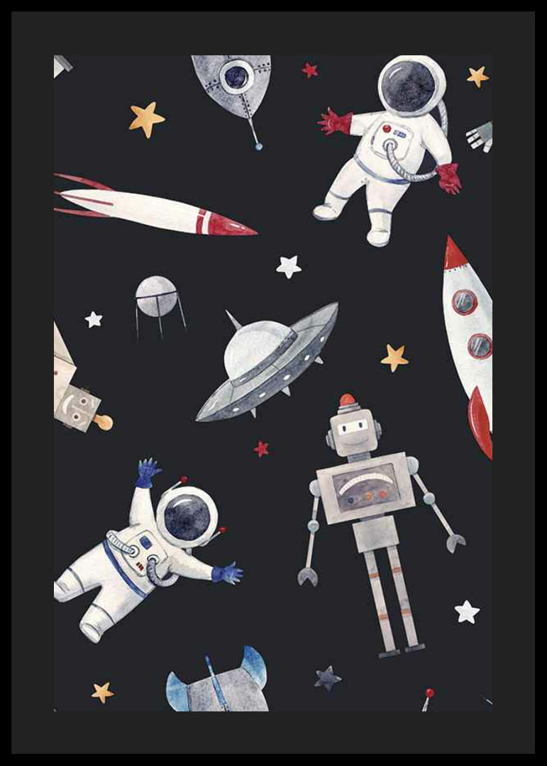 Playful astronauts, robots and space rockets against a dark background-12