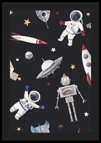 Astronautas brincalhões, robôs e foguetes espaciais contra um fundo escuro-4